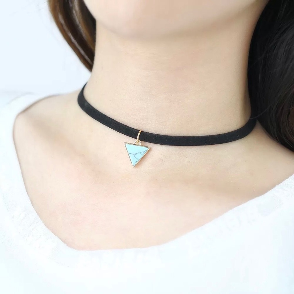 Dainty Black Suede Gold Turquoise Triangle Choker